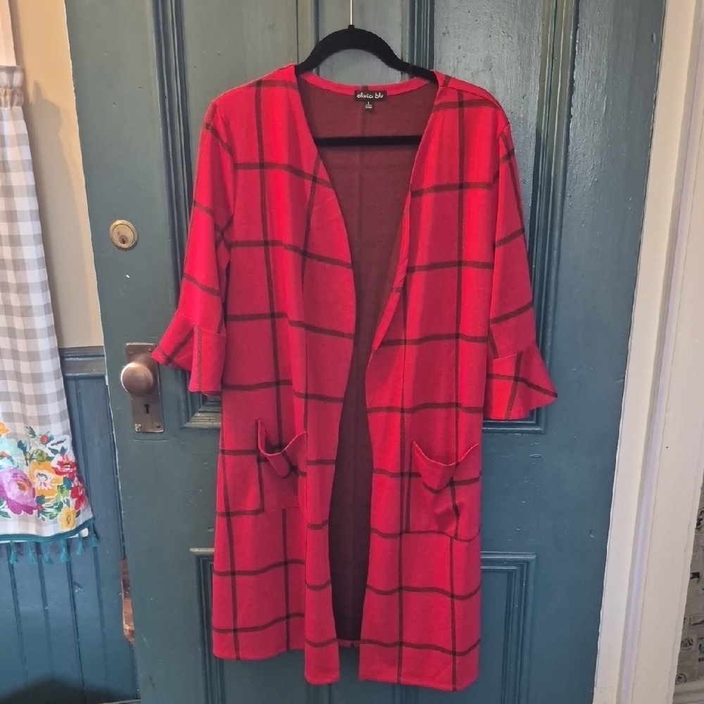 NWOT Olivia Blu Red Plaid Open-Front Long Cardigan